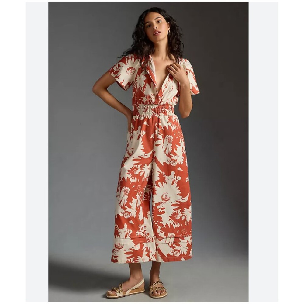 Anthropologie Somerset Jumpsuit Womens XS Orange Floral Puff Sleeve Smocked